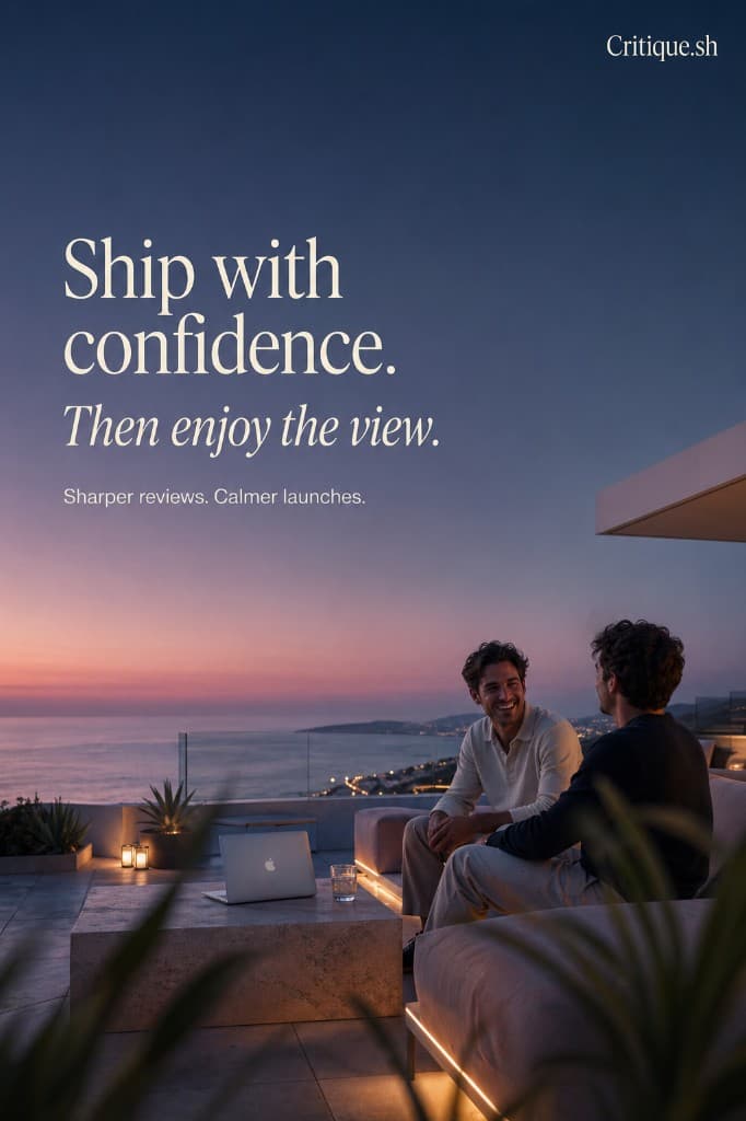 Calm work at dusk: laptop on a table with a coastal city view; Critique.sh in the frame